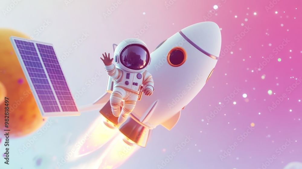 Poster an astronaut waves while riding a rocket through a colorful space scene.