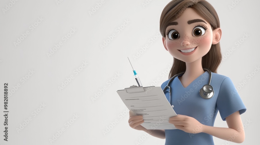 Sticker A cheerful cartoon nurse holding a clipboard and syringe, ready for medical tasks.