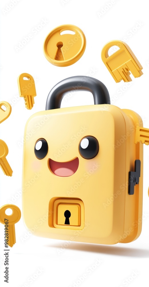 Poster a cheerful yellow lockbox with a smiling face, surrounded by various keys.