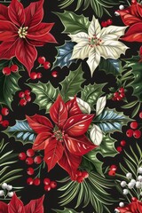 Christmas watercolor illustration, seamless botanical pattern of red Christmas star flowers, green leaves, fir and red berries on black background, for printing on fabric or wrapping paper