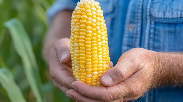 A close-up of a farmer holding a large ear of GMO corn, the bright yellow kernels reflecting the technological advancements in modern agriculture.