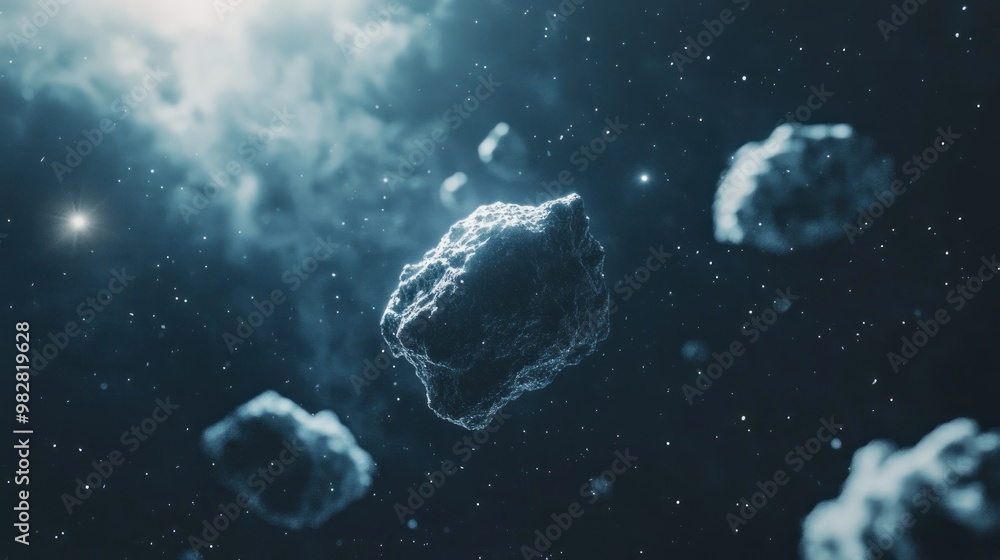 Poster a cosmic scene featuring asteroids floating in a starry space environment.