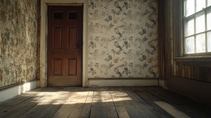 An empty room with a wooden floor, a closed door, and floral wallpaper.