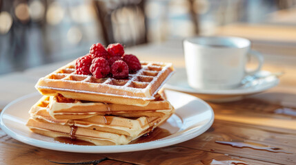 Stack of waffles topped with raspberries and syrup, with cup of coffee in background, National Waffle Iron Day.