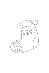 Simple coloring, sock, new year Christmas black and white, line drawing on white background.