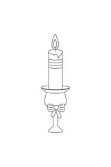 Simple coloring book, candle, new year Christmas black and white, line drawing on white background.