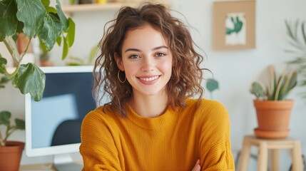 A woman smiling as she organizes her desk with personal items and plants, highlighting the blend of professional and personal space in her work-life balance. 