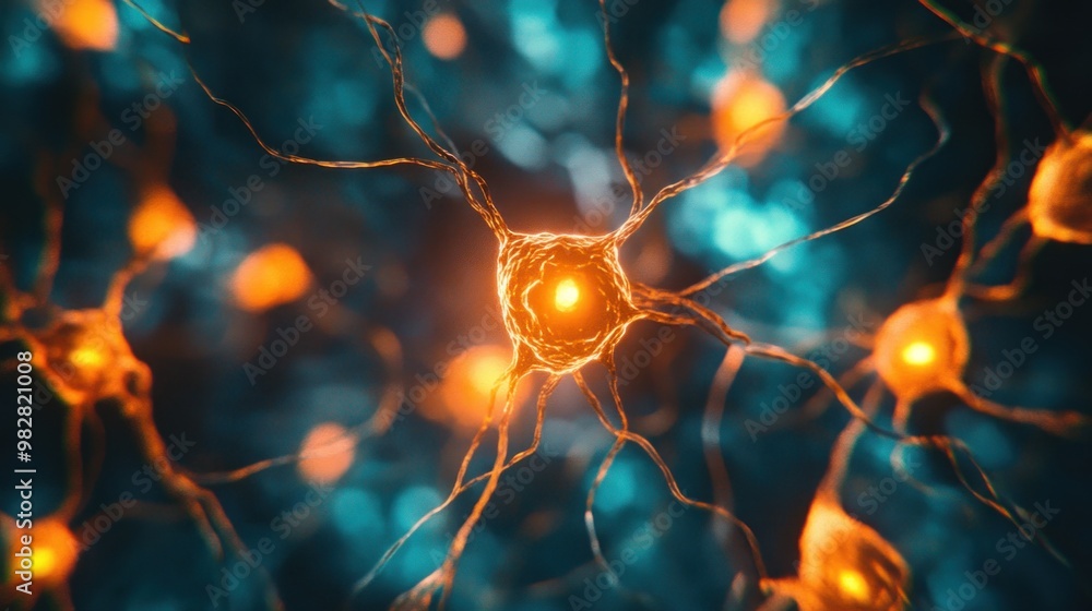Poster close-up view of interconnected neurons showcasing synaptic connections and activity.