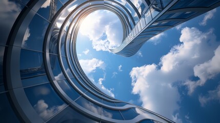 Futuristic Architectural Landmark Reflecting Clouds and Sky in a Modern Cityscape