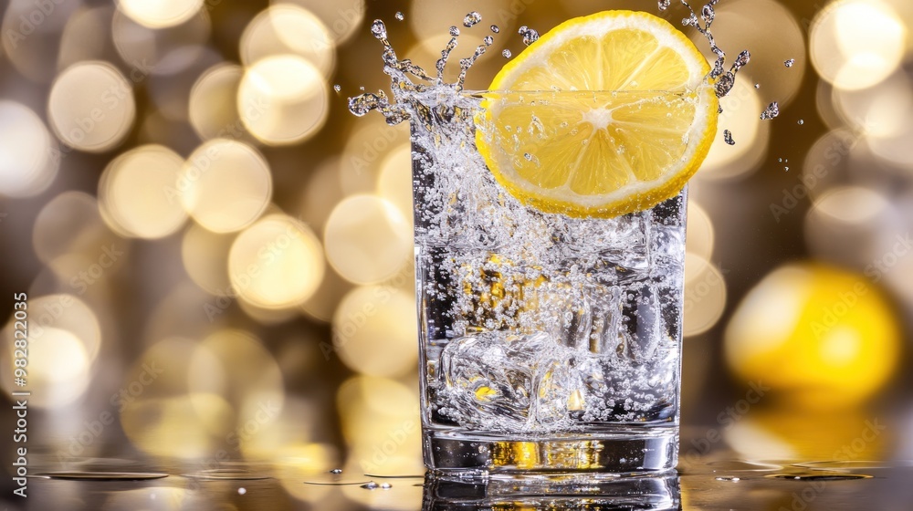 Poster a refreshing glass of sparkling water with a lemon slice, creating a lively splash effect.
