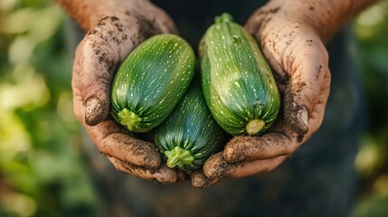 Obraz premium Hands holding freshly harvested zucchinis, showcasing organic gardening and farming.