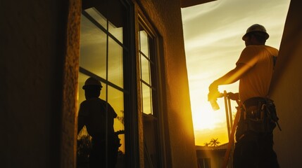 Fototapeta premium Workers silhouetted against a sunset, engaged in construction near a window.