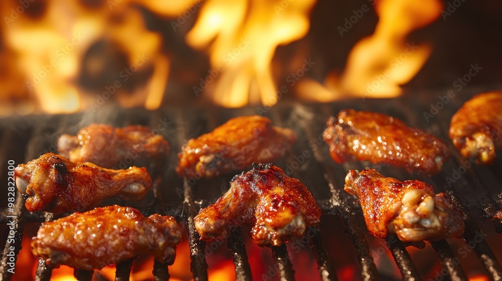 Sticker Grilled chicken wings sizzling over an open flame, showcasing a delicious barbecue scene.