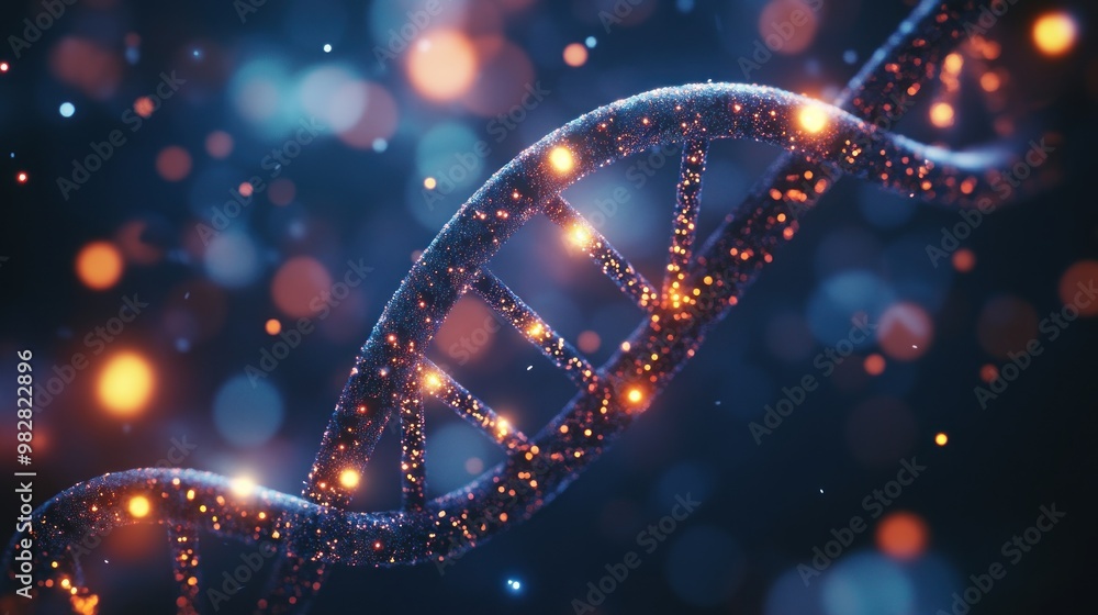 Poster a digital representation of a dna double helix with glowing particles.
