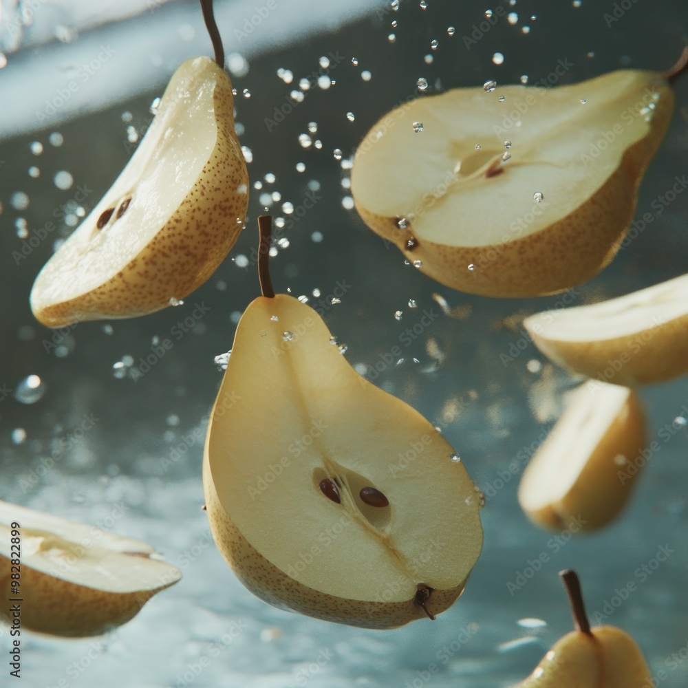 Wall mural Slices of pears suspended in water, creating a refreshing and dynamic visual effect.