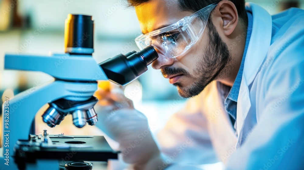 Poster a scientist examines a sample under a microscope in a laboratory setting.