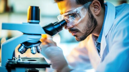 A scientist examines a sample under a microscope in a laboratory setting.