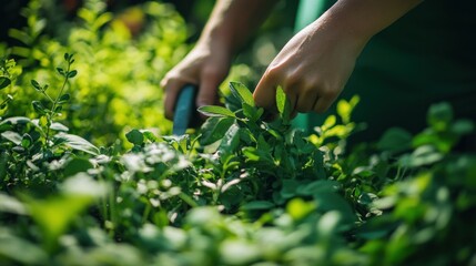 A person tending to lush green plants, highlighting gardening and plant care.