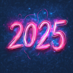The image shows the vibrant year 2025 illuminated in glowing pink and blue lights with swirling effects and a dark background, capturing a dynamic and hopeful outlook.