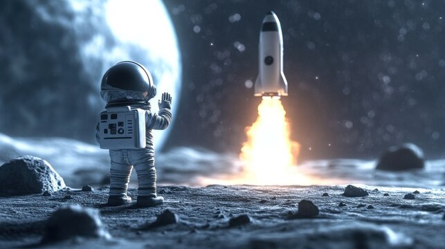 An astronaut waves goodbye as a rocket launches from the moon's surface.