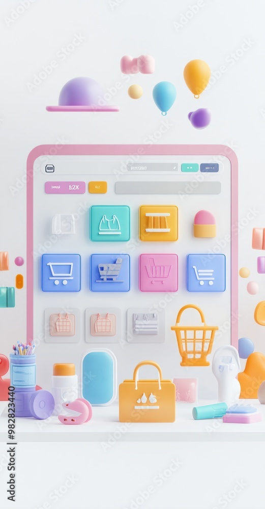 Poster a colorful digital interface with shopping icons and playful elements.