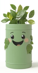 A cheerful green plant pot with a smiling face and leafy accents.