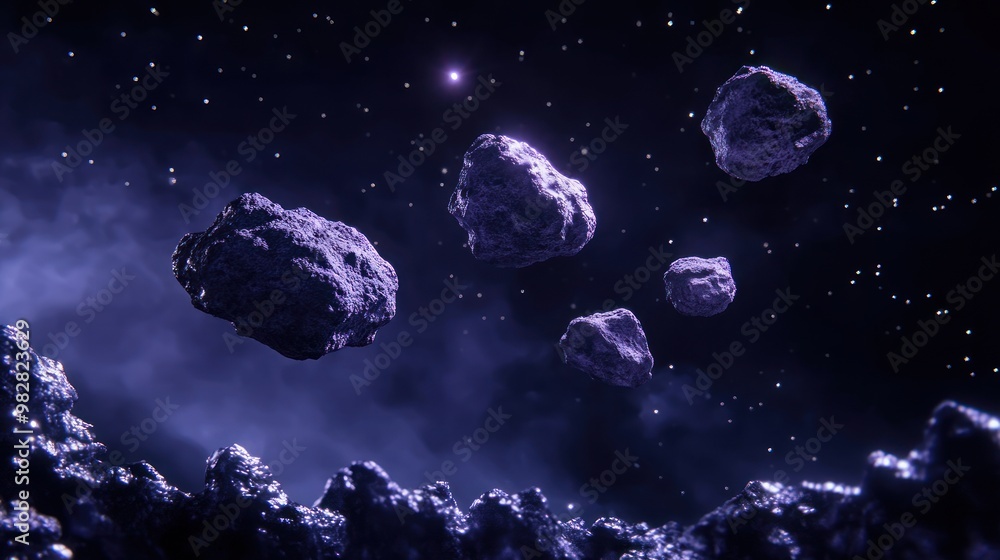 Poster a cosmic scene featuring floating asteroids in a starry space environment.