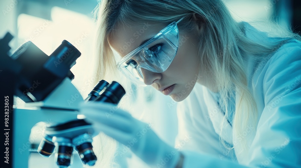 Wall mural A scientist examines samples under a microscope in a laboratory setting.