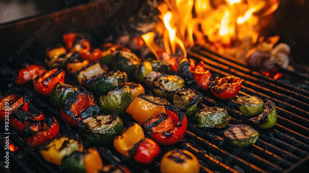 Canvas Prints Grilled vegetables on a barbecue with flames, showcasing a vibrant, smoky cooking scene.