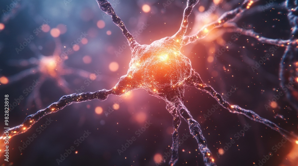 Poster close-up view of a neuron showcasing its structure and connections.
