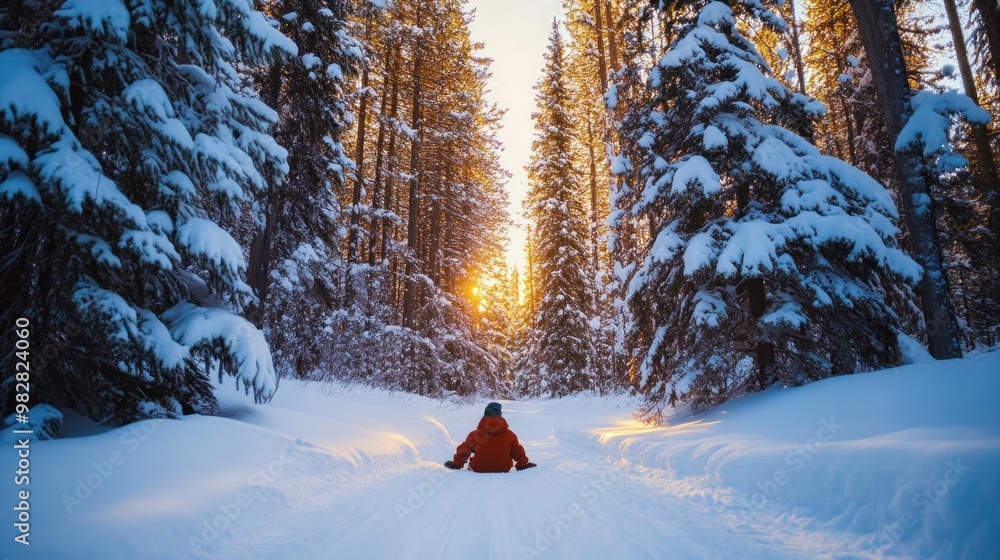 Sticker a person in a red jacket sits in a snowy forest, enjoying a serene winter sunset.