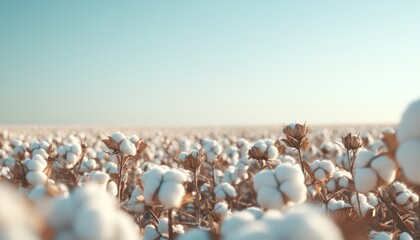 A field of GMO cotton plants under a clear sky, with cotton bolls appearing larger and more uniform, emphasizing the enhanced yield and engineered growth.