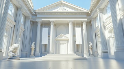 A grand, classical architectural structure with statues and large columns, suggesting a museum or gallery.
