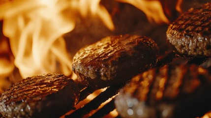 Grilled burgers sizzling over flames on a barbecue grill.