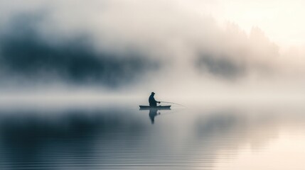 A solitary fisherman in a misty lake at dawn, creating a serene and tranquil atmosphere.