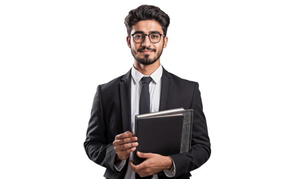 Portrait of a smiling businessman in suit holding folder and wearing a glasses, isolated on transparent background
