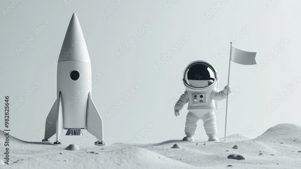 Poster a minimalist scene featuring an astronaut with a flag next to a rocket on a lunar surface.