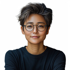Fototapeta premium Portrait of confident shorthaired woman wearing glasses, smiling on transparent background