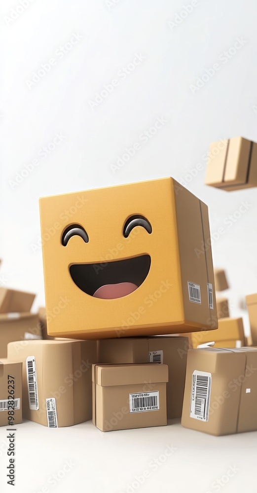 Sticker A cheerful, smiling box surrounded by smaller packages, conveying a sense of joy in delivery.