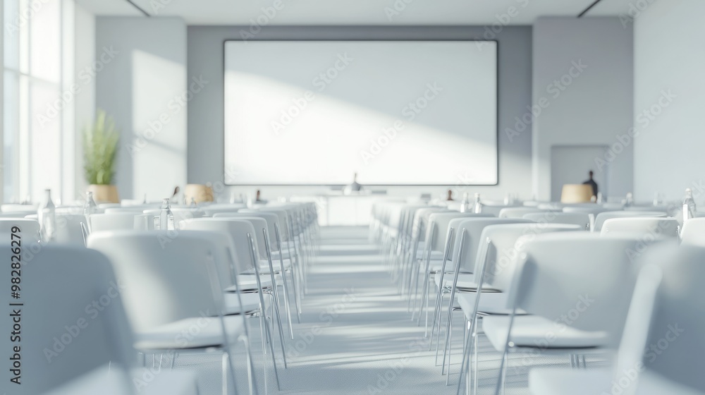 Poster a modern conference room set up for a presentation with rows of chairs facing a screen.