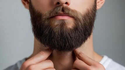 Obraz premium Close-up of a man pointing his thick beard, showcasing masculinity and personal style. Perfect for beauty and lifestyle themes.