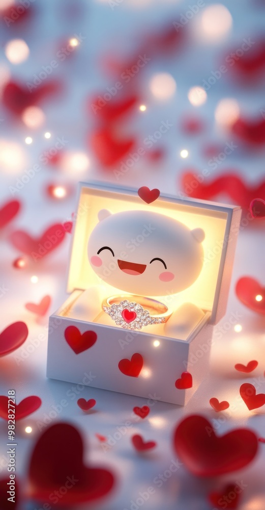 Sticker A cheerful bear in a heart-themed jewelry box, surrounded by floating hearts.