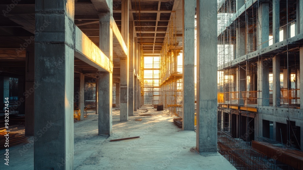 Poster a sunlit construction site showcasing unfinished concrete structures and scaffolding.