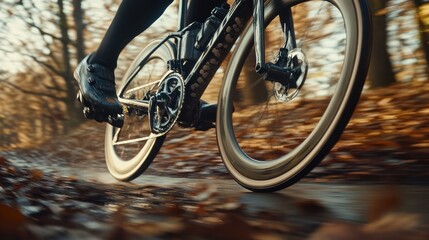 Fototapeta premium A cyclist rides through a forest path covered in autumn leaves.