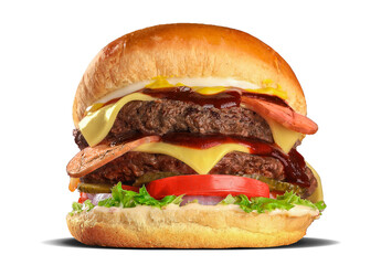Big classic cheesy double patty beef cheese burger on white background isolated 