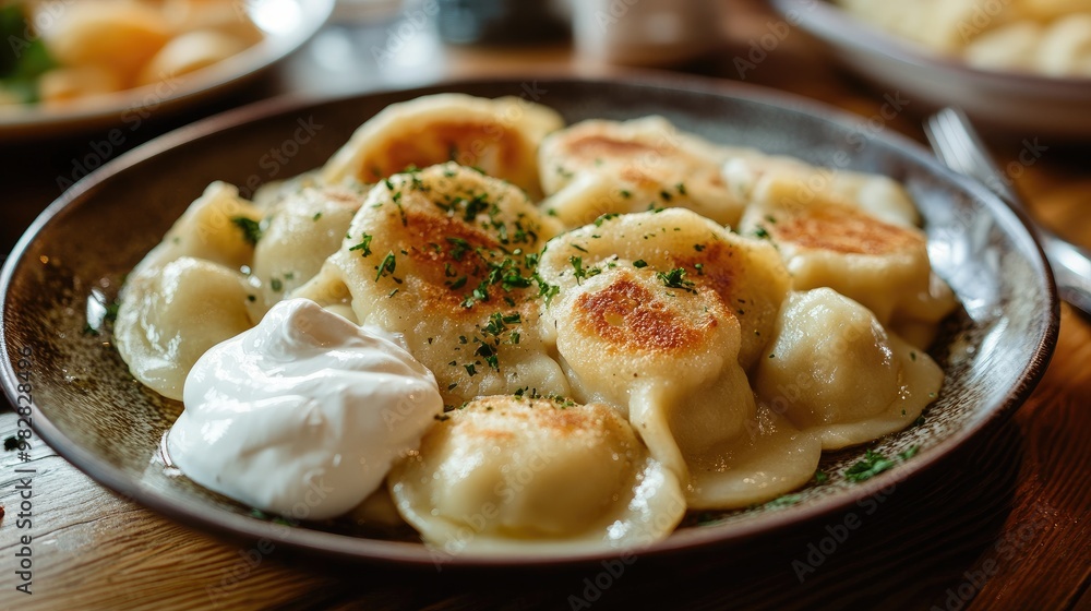 Canvas Prints A traditional Polish pierogi plate, with dumplings filled with potatoes and cheese, served with a side of sour cream.