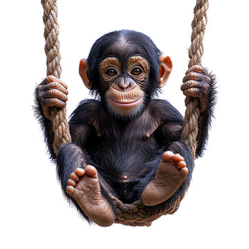 A playful baby monkey swings joyfully on a rope, showcasing its charming expression and adorable features.