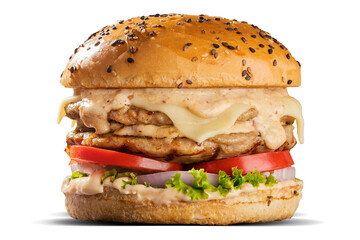 CHEESY CHICKEN PATTY BURGER ISOLATED ON WHITE PNG
