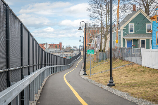 A dedicated bike path makes its way through the city of Somerville, Massachusetts