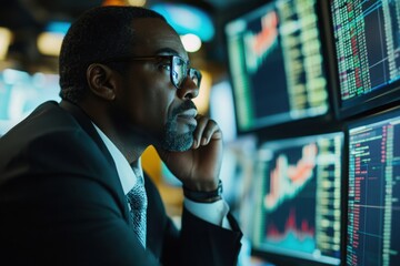 Focused Stock Trader Analyzing Market Data on Screens